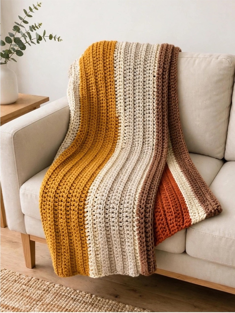 Handmade Striped Crochet Blanket Boho Retro Terracotta Tan Autumn Warm Tones